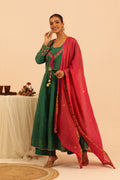 Green Kalidar Kurta Set With Floral Jacket - Lamhe