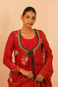 Red Kalidar Kurta Set With Floral Jacket - Lamhe
