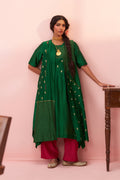 Green Chanderi Top With Multi-Patchwork Jacket & Pink Pant Set - Naveli
