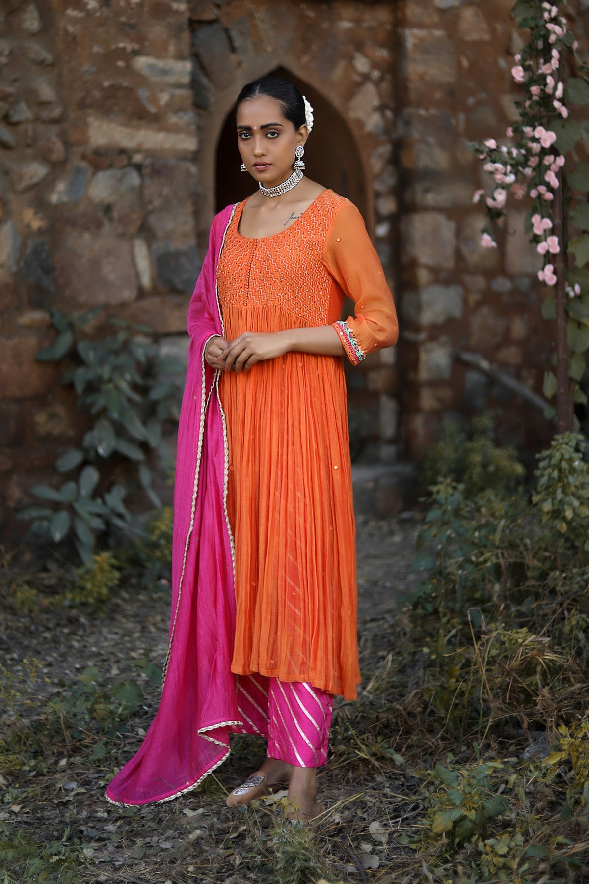 ORANGE MOGRA KURTA SET