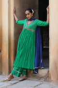 GREEN WITH NAVY BLUE MOGRA KURTA SET
