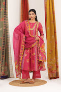 Pink Floral Striped Kurta Set with Dupatta - BAGH