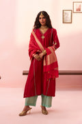 Red Chanderi A-line Kurta Set with Aqua Pant and Banarasi Butti Dupatta - Naveli