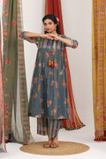 Navy Blue Floral Tunic with Stripes Pant - BAGH