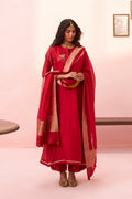 Red Banarasi Chanderi side-gathered kurta set - Naveli