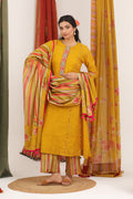 Mustard Yellow Kalidar Top with Multi Colored Stripes Pant & Dupatta - BAGH