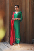 GREEN SILK MOGRA KURTA SET