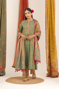 Sage Green Kalidar Top with Multi Coloured Stripes Pant & Dupatta - BAGH