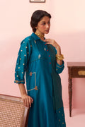 Teal Blue Banarasi Chanderi Multi-Patchwork Lotus Pocket Shirt Tunic Set - Naveli