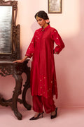 Red Banarasi Chanderi Multi-Patchwork Lotus Pocket Shirt Tunic Set - Naveli