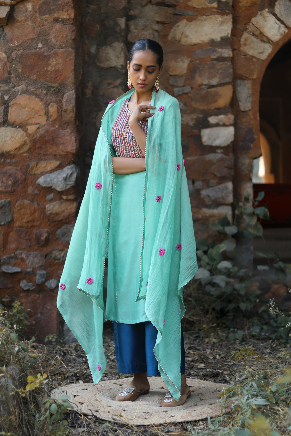 SEA GREEN MOGRA KURTA SET