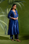 NAVY BLUE CHANDERI EMBROIDERED RAAS KURTA SET