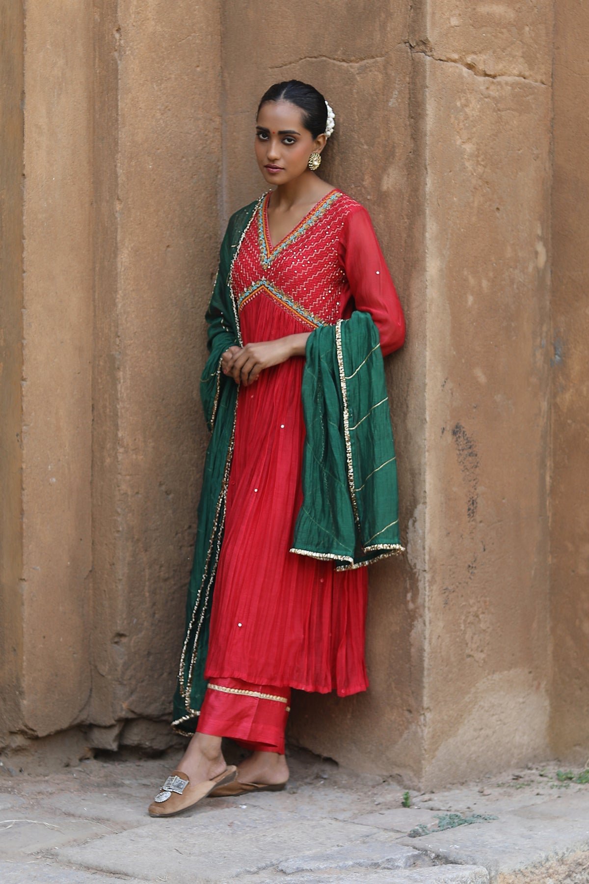 RED MOGRA KURTA SET