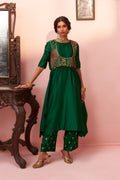 Green Banarasi Chanderi Kurta set with Jacket - Naveli