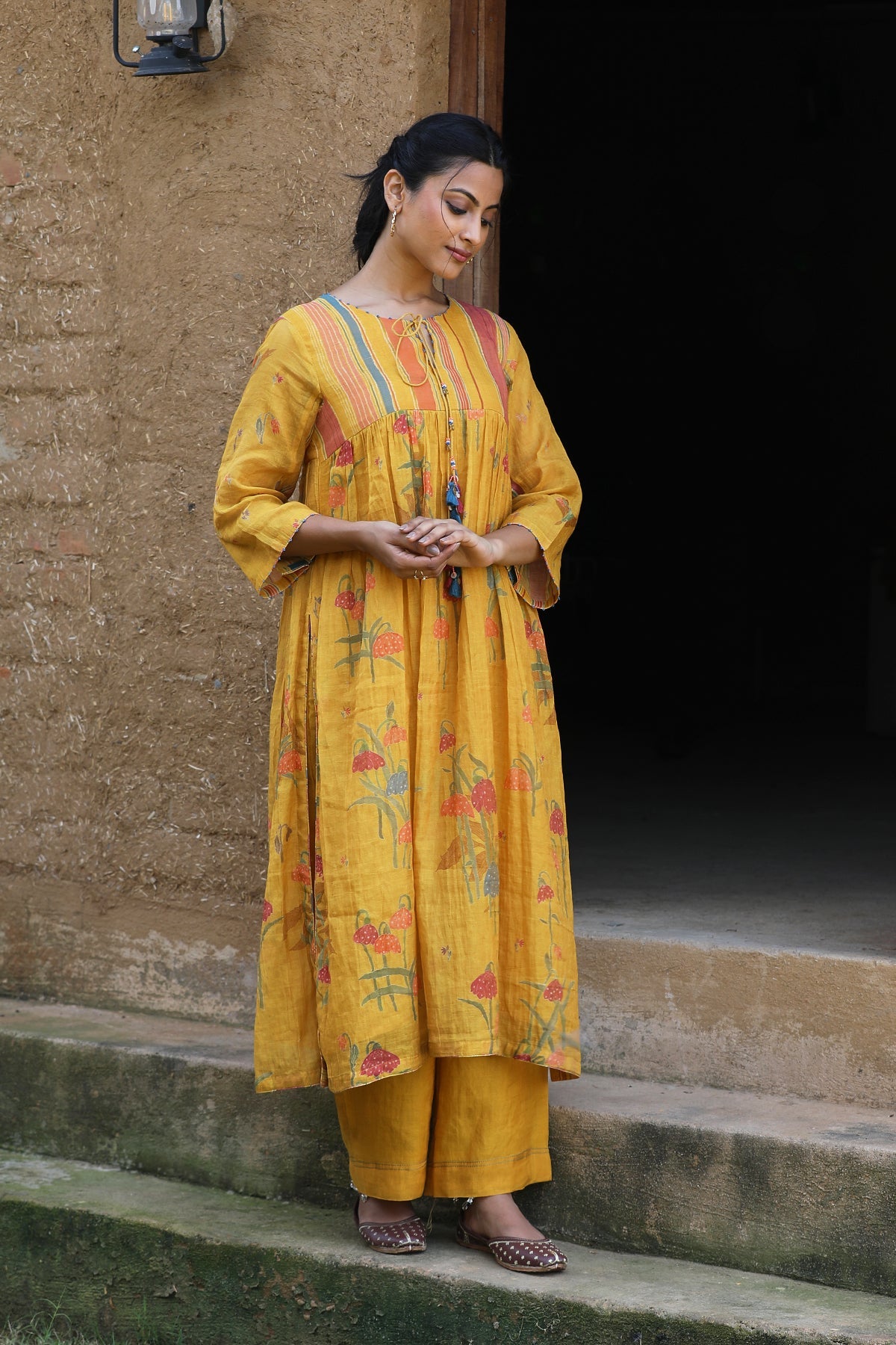 MUSTARD YELLOW CHANDERI ROOH KURTA SET