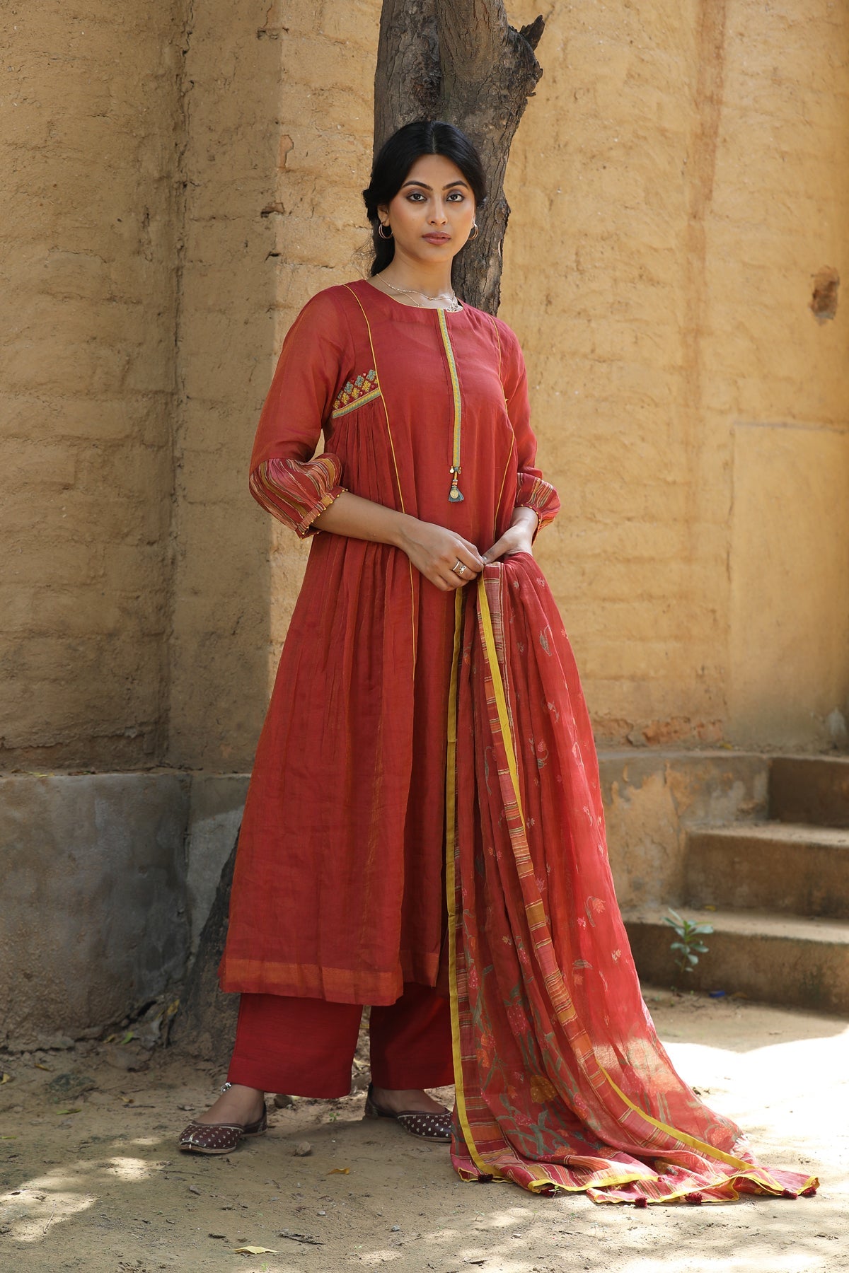 RUST RED FINE CHANDERI ROOH KURTA SET