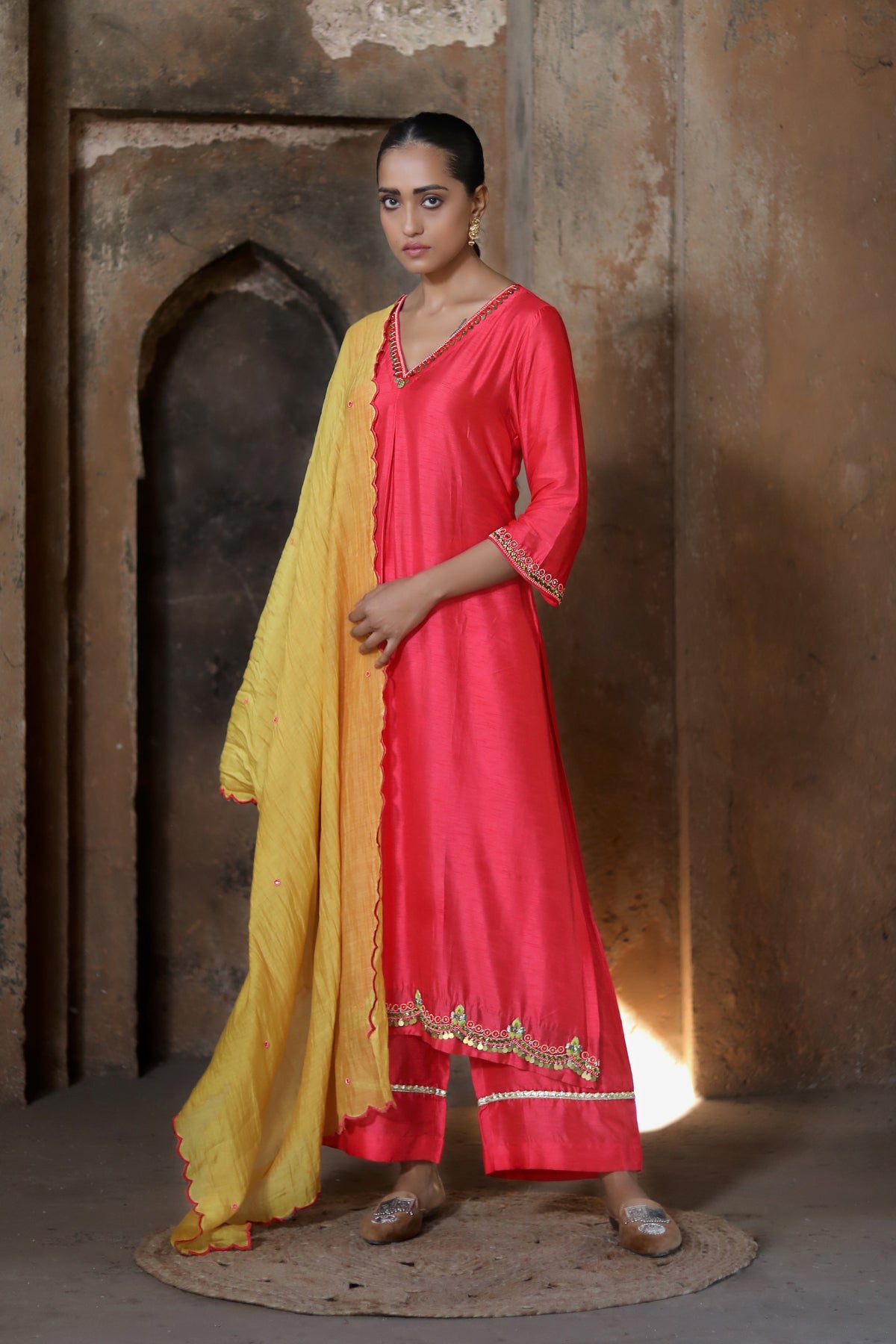 RED MOGRA KURTA SET