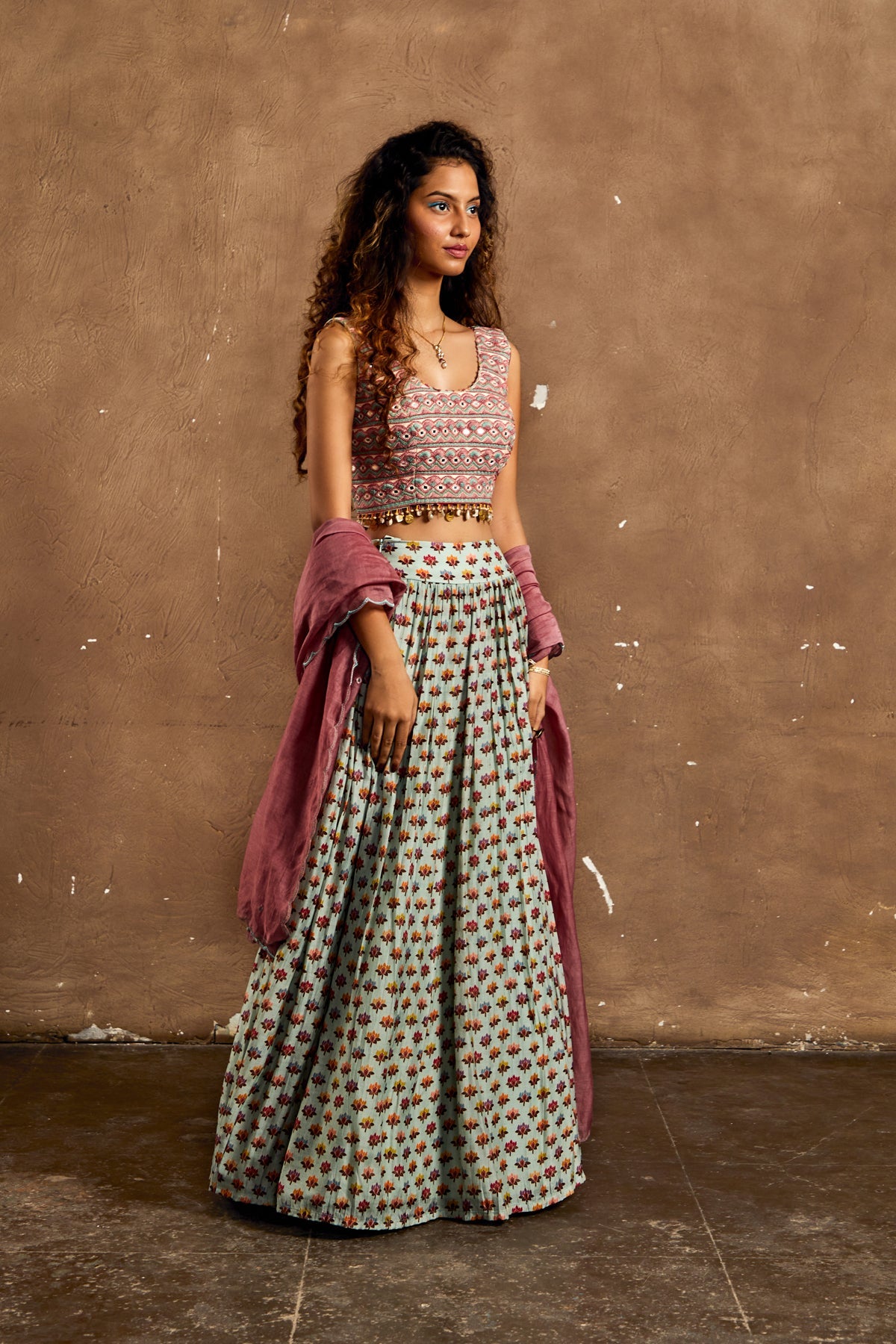 AQUA BLUE EMBROIDERED GULZAR LEHENGA CHOLI