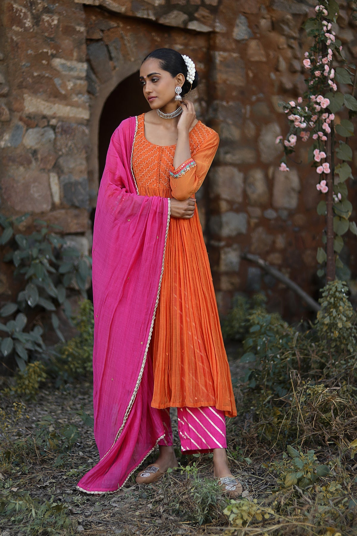 ORANGE MOGRA KURTA SET