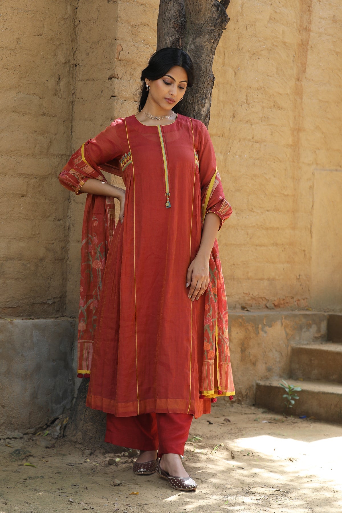 RUST RED FINE CHANDERI ROOH KURTA SET