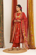 Rust Red Floral Striped Kurta Set with Dupatta - BAGH
