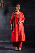 RUST RED CHANDERI EMBROIDERED RAAS KURTA SET