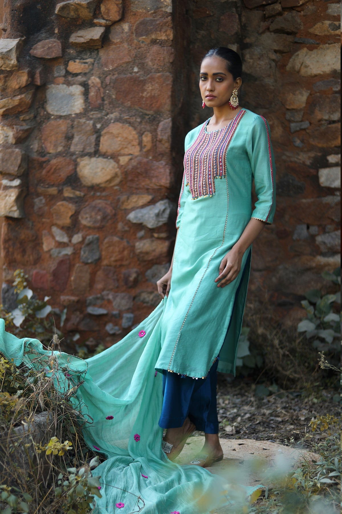 SEA GREEN MOGRA KURTA SET