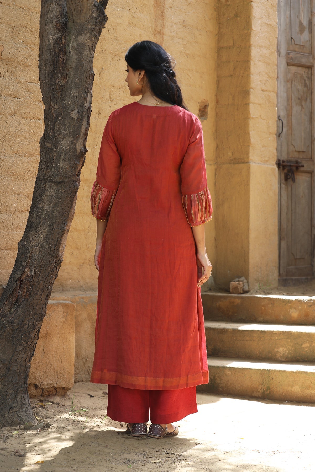 RUST RED FINE CHANDERI ROOH KURTA SET