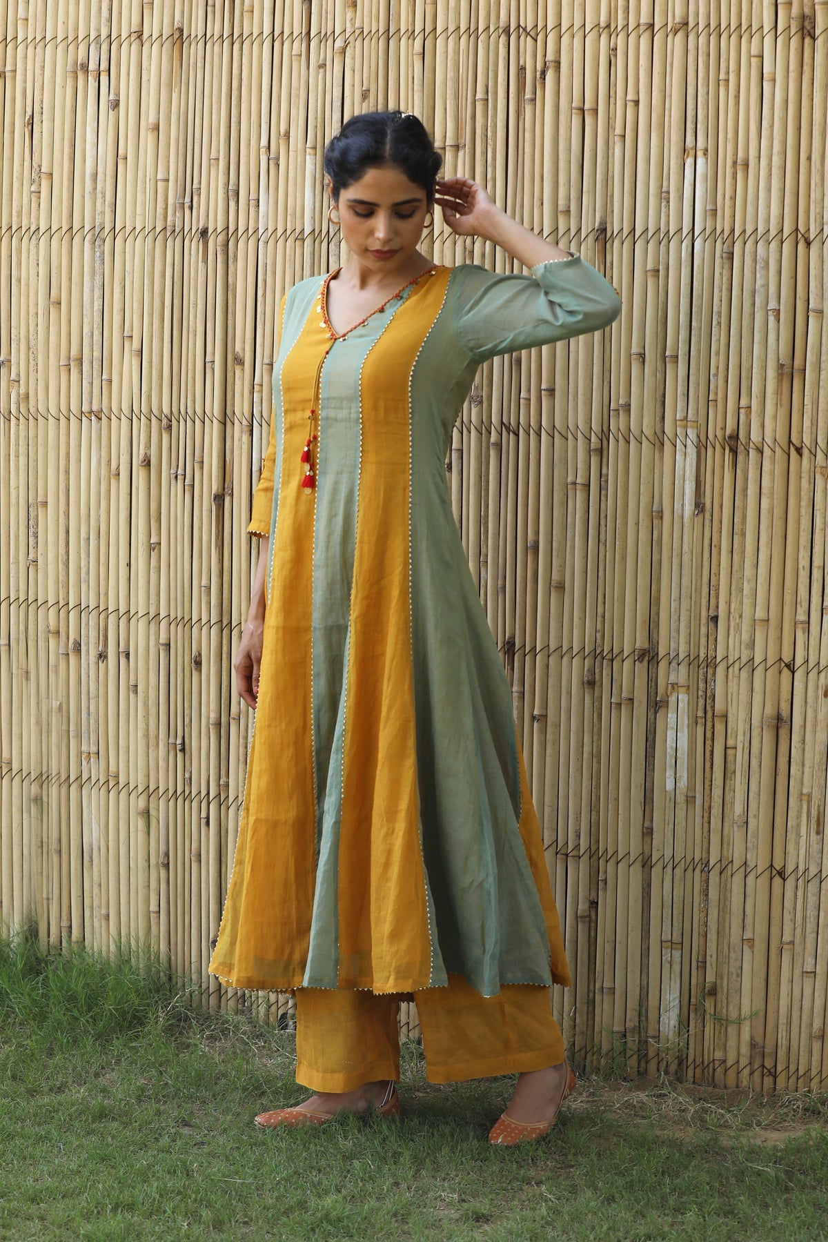 MUSTARD YELLOW TISSUE ROOH KURTA SET