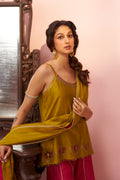 Mustard Sleeveless Kurta Set with Pink  Zari Checks Palazzo - Naveli