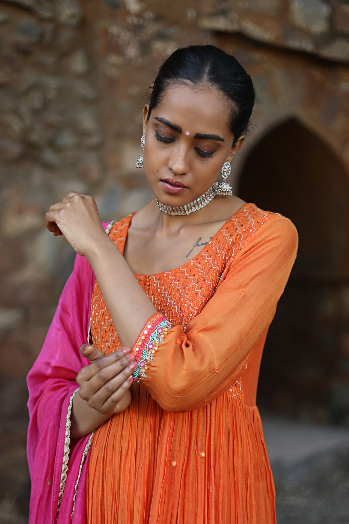 ORANGE MOGRA KURTA SET