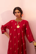 Red double butta banarasi asymmetrical cut tunic set - Naveli