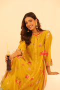 Mustard Yellow Floral and Multistripes Tunic Set - Lamhe