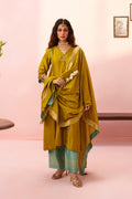 Mustard Chanderi A-line Kurta Set with Aqua Pant and Banarasi Butti Dupatta - Naveli