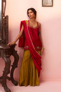 Red Sleeveless Kurta Set with Mustard Zari Checks Palazzo - Naveli