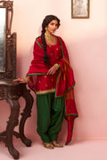 Red Chanderi Short Kurta Set with Green Farsi Salwar - Naveli